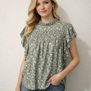 Floral Ruffle Sleeve Top - Green